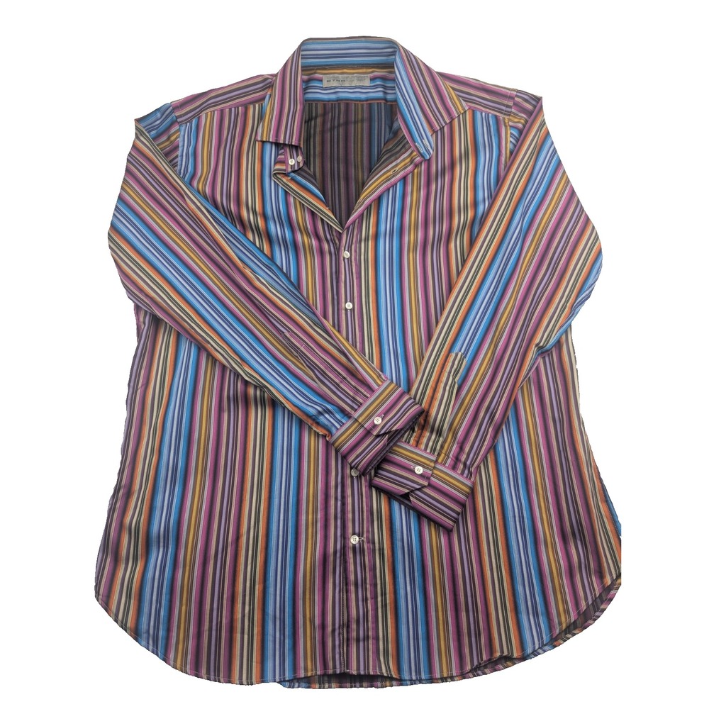 Etro Dress Shirt Men 46 Multicolor Striped Cotton Formal Business Oxford Outdoor